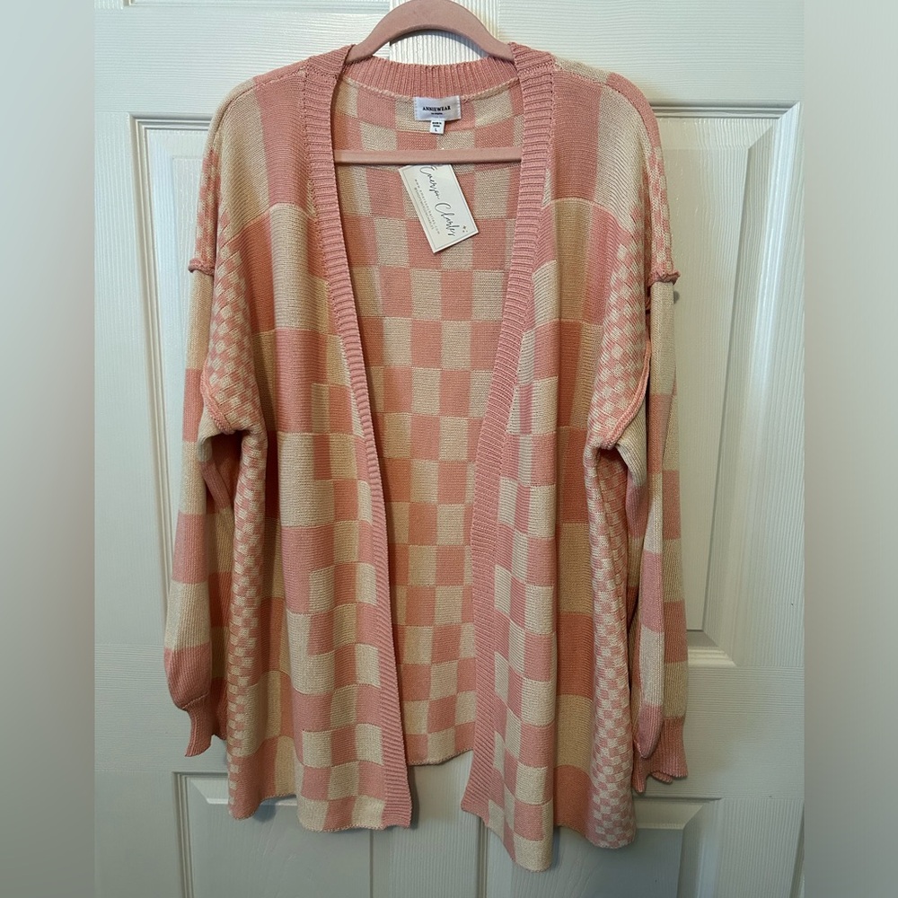 NWT Alice|Rose Pink and Cream Checkered Oversized Sweeter Lg - Picture 4 of 8